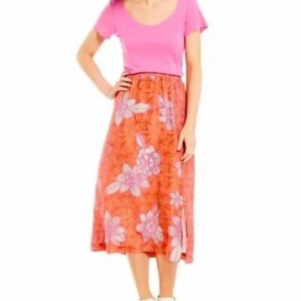 Sigrid Olsen 100% Silk Coral Hawaiian A-Line Lightweight Midi Skirt Medium NWT